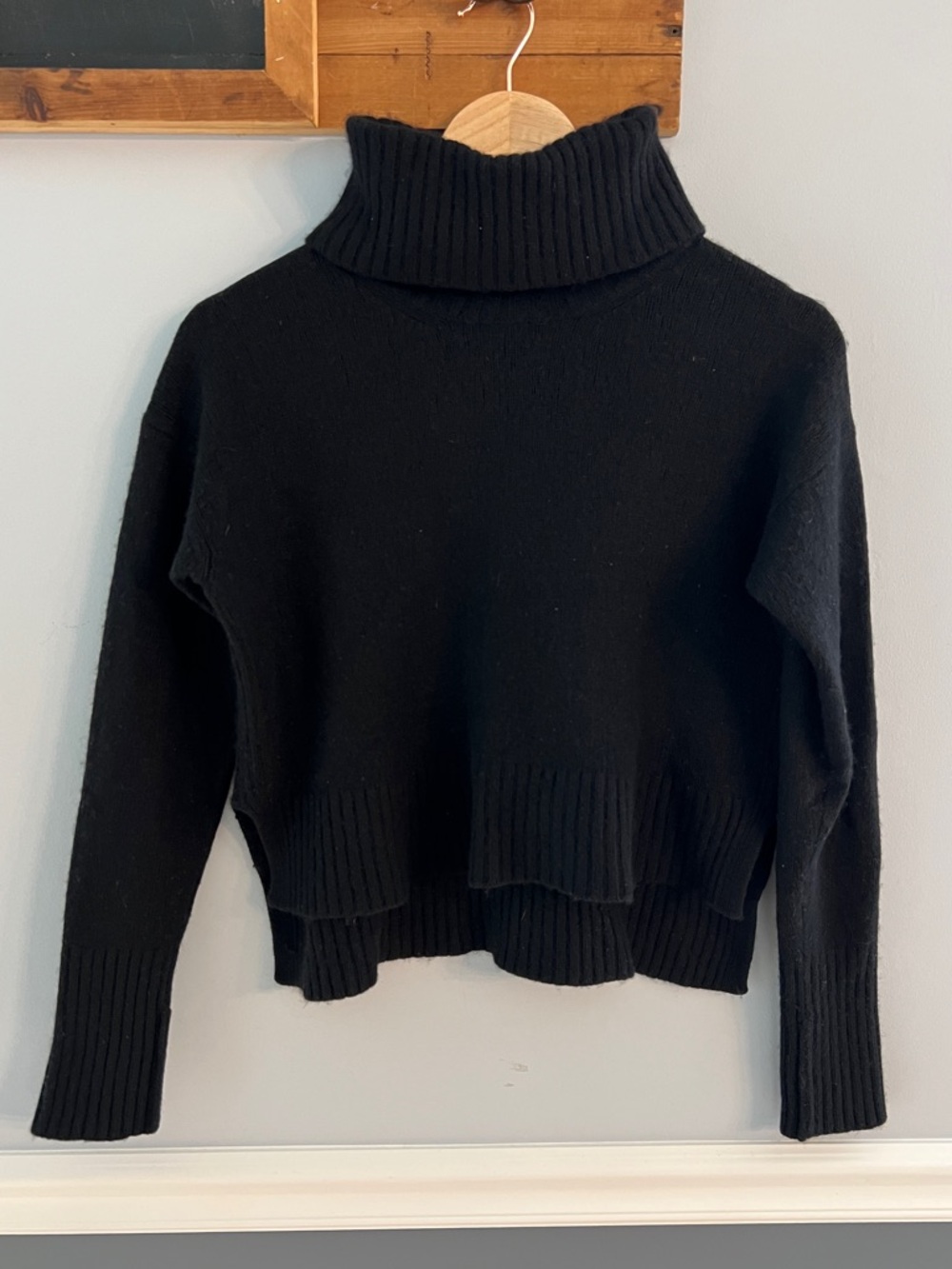 Anthropologie Black Cropped Turtleneck Sweater XS Wool Blend Layered Hem